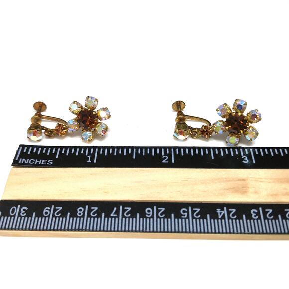 Vintage AB Rhinestone Drop Earrings, Gold Tone Screw Backs, 1950s Jewelry - Picture 6 of 10